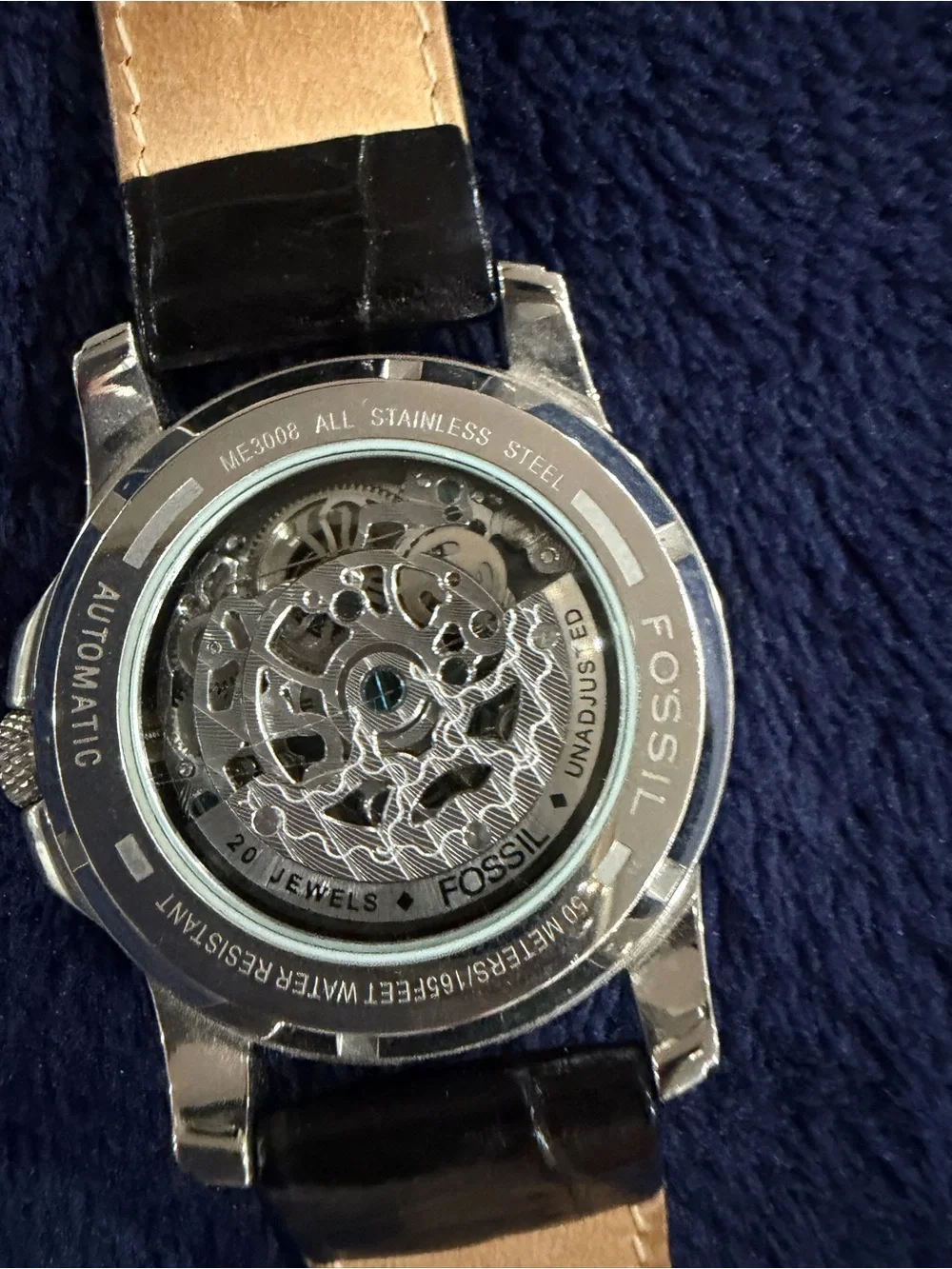 Fossil Womens Self Winding Black Leather Strap Skeleton Dial Watch